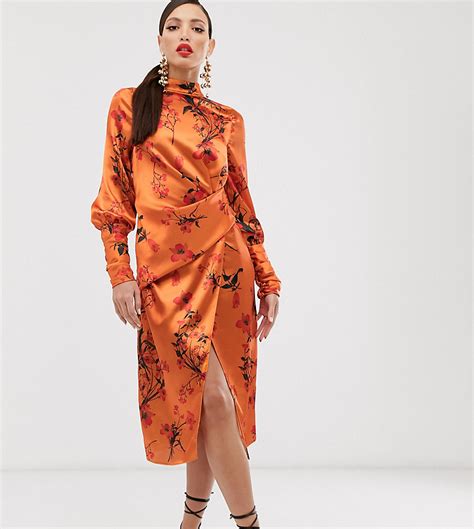 asos design tall midi jurk van satijn met lange mouwen en drapering  bloemenbloesemprint