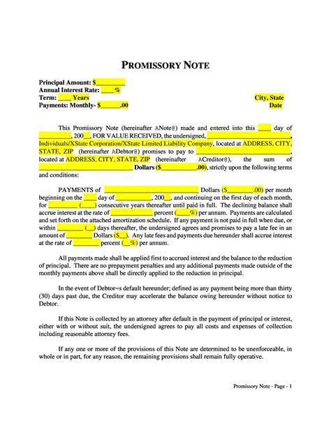 printable promissory note template