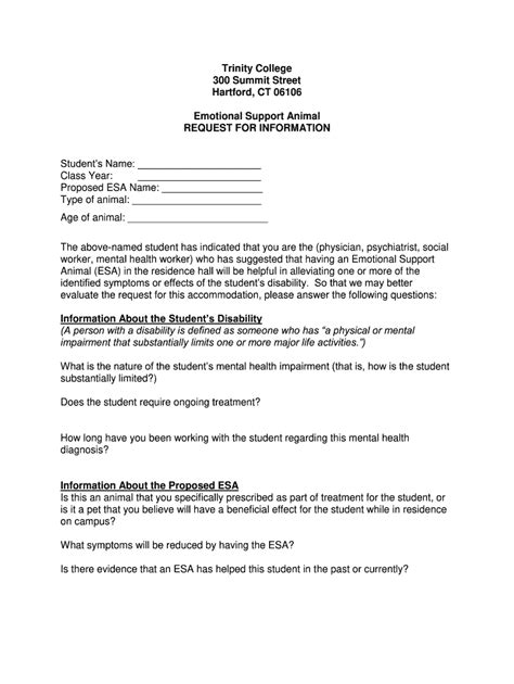 trinity college emotional support animal esa request form fill