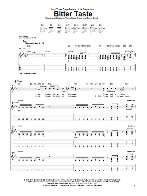 Three Days Grace Bitter Taste Sheet Music Notes Chords Sheet Music