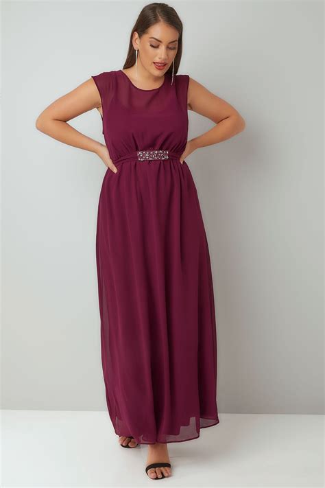 burgundy chiffon maxi dress with embellished tie waist