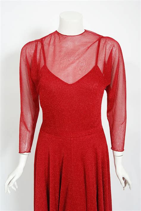 Vintage 1970 S Halston Couture Red Metallic Semi Sheer Knit Long Sleeve