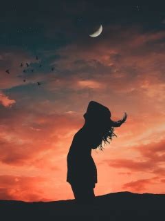 girl wallpaper  silhouette evening sky crescent moon