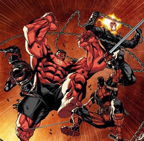 an image of deadpool fighting with other deadpools in front of a red