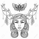Boho Coloring Pages Forest Horns Deer Shaman Nymph Printable Dog Woman Girl Beautiful Print Vector Getcolorings Getdrawings sketch template