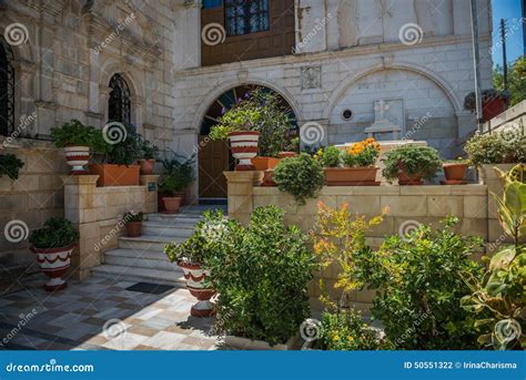 courtyard  ancient greek church stock photo image  bush garth