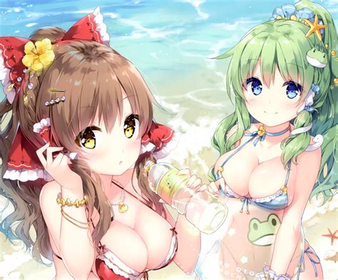 2girls bikini drink flowers hakurei reimu kochiya sanae long hair