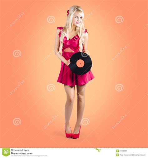Pin Up Music Girl Holding Vinyl Record Lp Stock Image