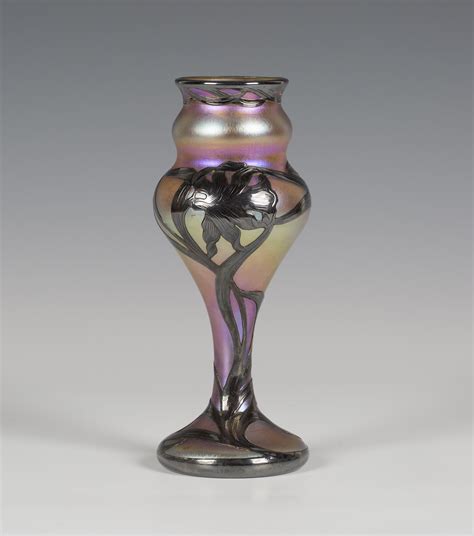 An American Art Nouveau Quezal Silver Overlay Iridescent Glass Vase