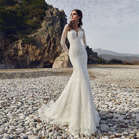 custom  long sleeve lace mermaid wedding gowns vestido de novia sirena renda sexy open