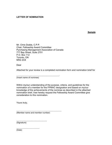 sample nomination letter  community service  document template
