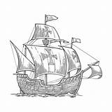 Caravel Columbus Getrokken Golven Uitstekende Drijven Ontwerpelement Overzeese Schip Varend Carabela Silueta sketch template