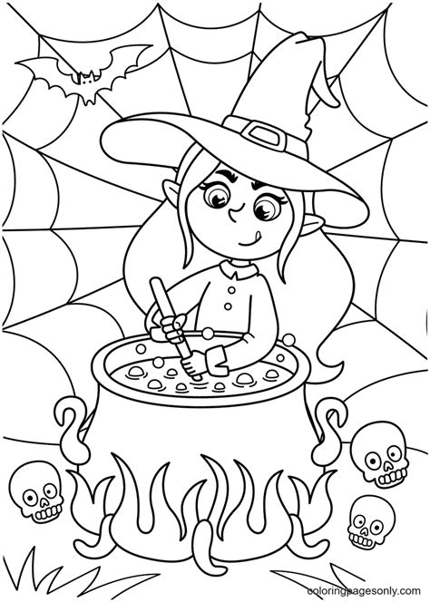 halloween witch cauldron coloring page drawing illustration digital