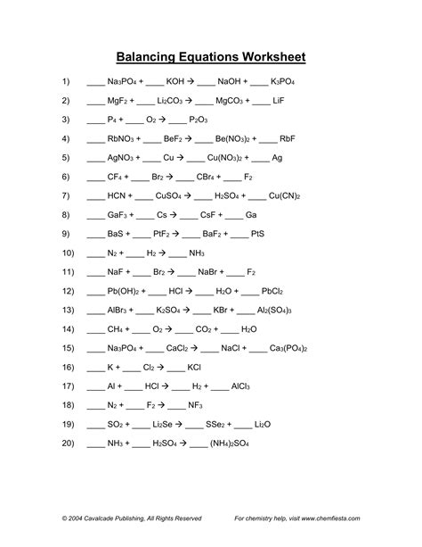 balancing chemical equations worksheet answers cavalcade