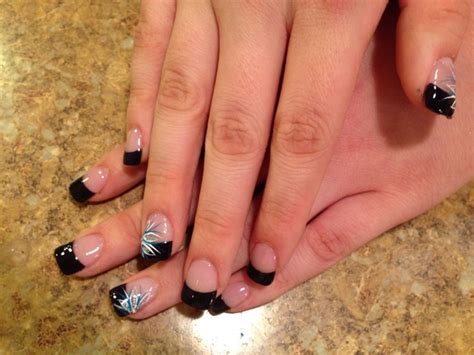 Black French Tip Nails With Flower Design Nail Designs