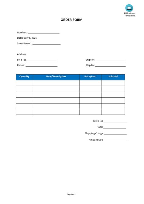 order form templates  allbusinesstemplatescom