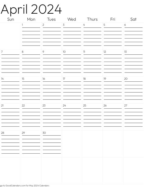 lined april  calendar template  portrait