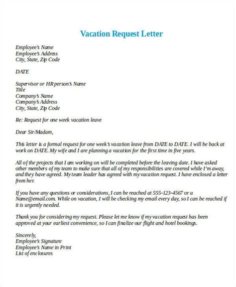 vacation request letter samples luxury formal request letters