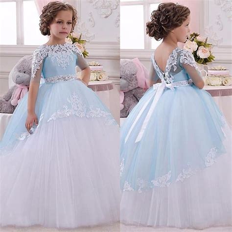 light blue princess  sleeve flower girl dresses pageant baby party frocks  girl