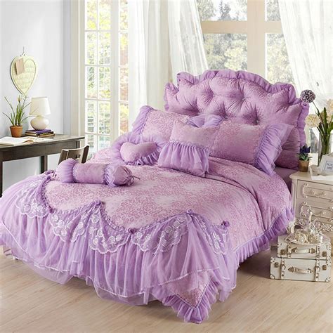 Luxury Purple Jacquard Silk Princess Bedding Set 4pc Silk Lace Ruffles