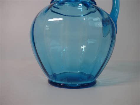 Vintage Blue Glass Frilly Edge Pitcher Large Heavy Blue Pitcher