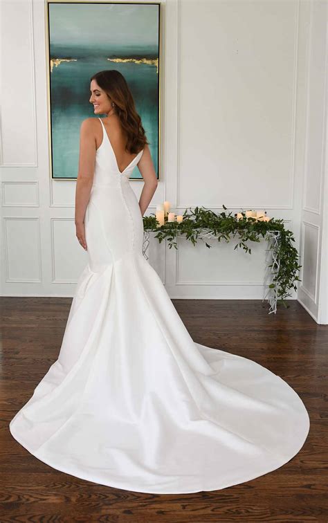 sleek fit and flare wedding dress in pearl mikado
