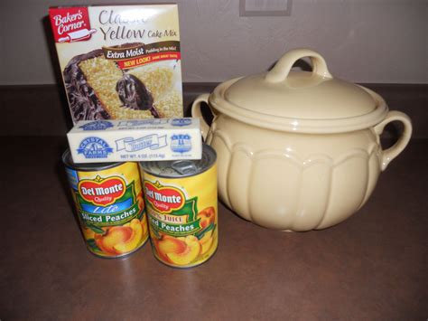 bean pot peach cobbler 2 small or 1 large can peaches box yellow cake mix stick of butter