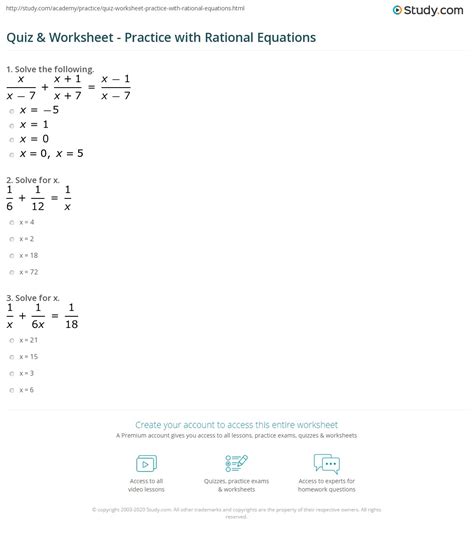 quiz worksheet practice  rational equations studycom