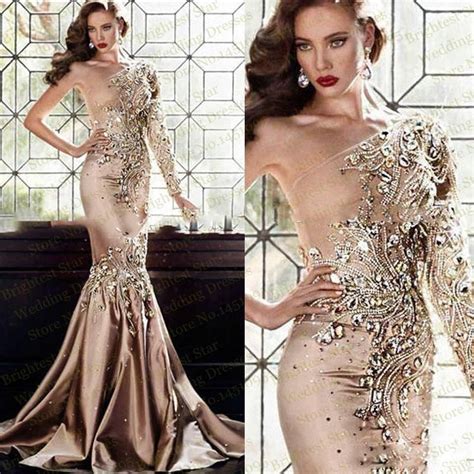 fashion one shoulder mermaid prom gowns sparkly rhinestone long formal
