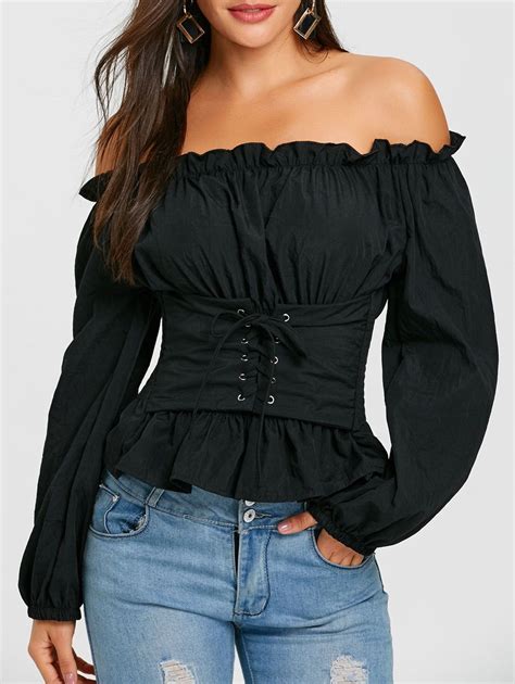 Off The Shoulder Lace Up Smocked Blouse Fall Fashion Coats Fashion