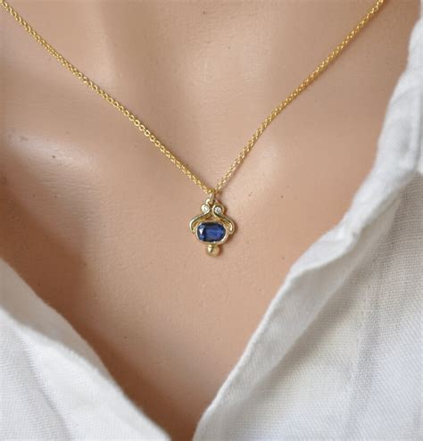 sapphire necklace small  gold pendant solid gold etsy