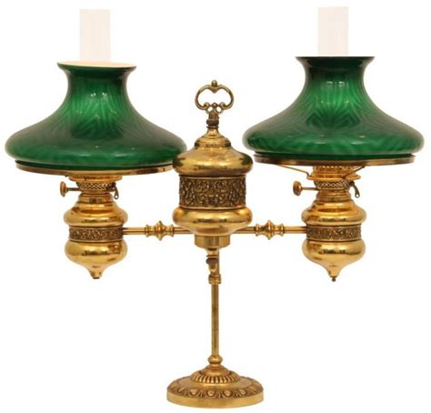 sold price brass double student lamp  cased shades      edt lamp oil