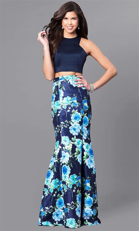 Navy Blue Floral Print Two Piece Prom Dress Promgirl