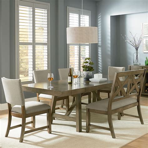 omaha grey  piece trestle table dining set  dining bench