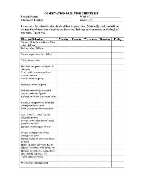 ch  p checklist    behavior observation checklist   note  details