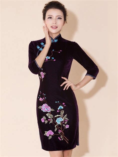 classic embroidered purple velvet qipao cheongsam dress dresses