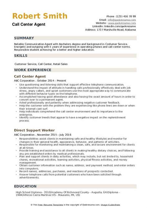 resume template  call center agent