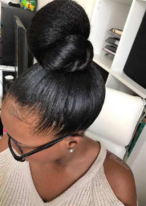 Top Knot Bun Protective Style On Relaxed Hair Relaxed Hair Beautiful