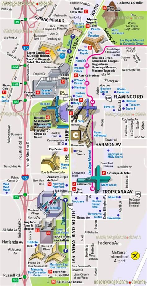 las vegas strip map   attractions hotels monorail maps