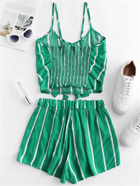 Striped Knot Cami Crop Top And Tied Shorts Set Macaw Blue Green