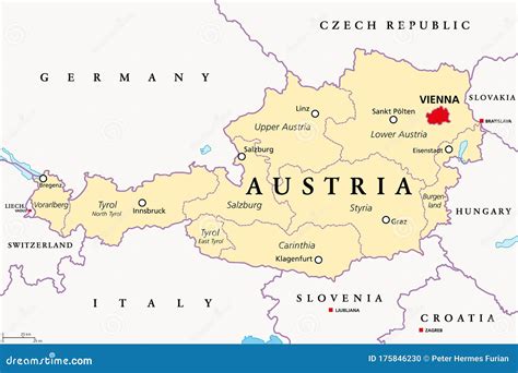 austria political map  capital vienna   federated states stock vector illustration