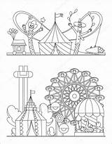 Parco Divertimenti Pretpark Paesaggio Zirkus Caroselli Russe Aerostato Montagne Amusement Jonge Spettacoli Carnevale Reuzenrad Diver Divertimento Vettore Depositphotos sketch template