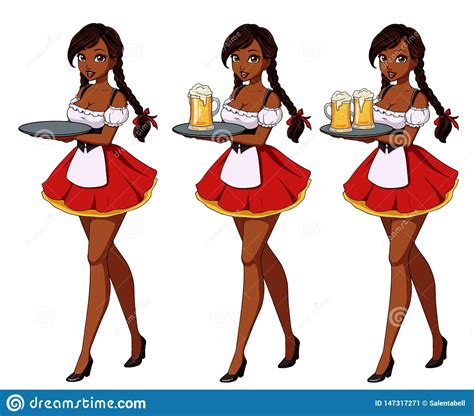 cartoon vector illustration with brunette waitress wearing red