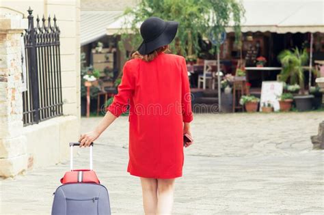 travel woman pulls suitcase stock image image  lady luggage