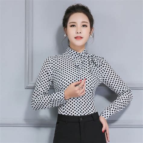 women s long sleeve shirt polka dot tie bow neck button end slim fit