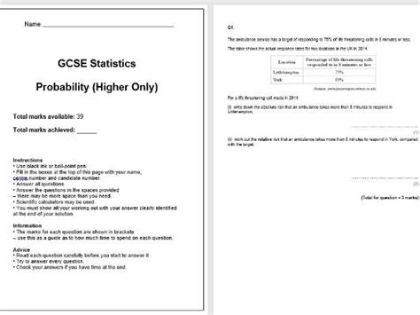 probability exam questions gcse statistics teaching resources