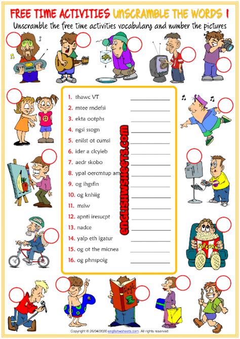 time activities unscramble  words worksheets