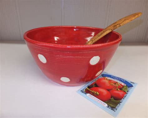Large Ceramic Mixing Bowl Handmade Red And White Polka Dot