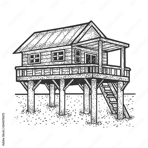 wooden stilt house   water sketch engraving vector illustration  shirt apparel print