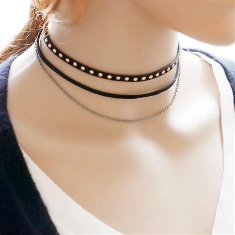 pcs women black pu leather necklace retro chain choker collar bib